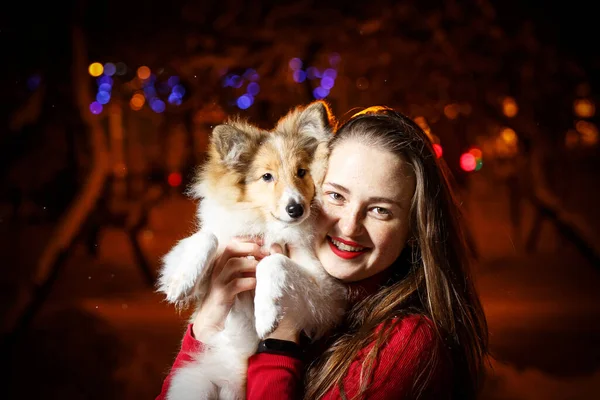 Chica Vestido Rojo Abraza Perro Parque Nocturno Invierno Fondo —  Fotos de Stock