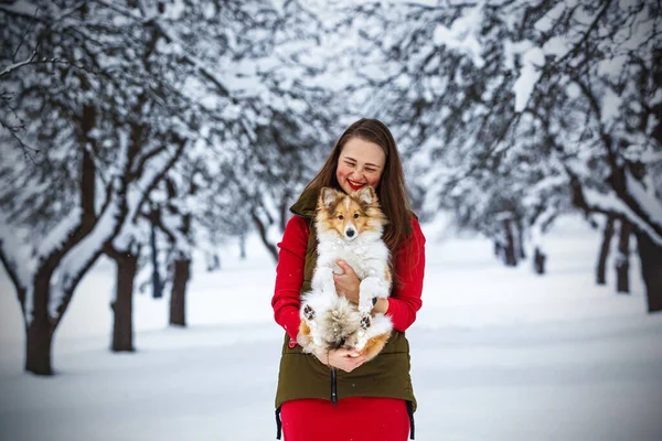 Chica Con Perro Parque Invierno —  Fotos de Stock