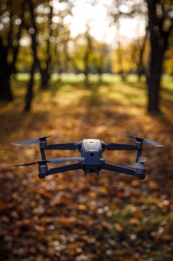 Sonbaharda insansız hava aracı kullanmak. Parkta uçarken