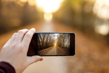 Cep telefonu kullanıyor. Bir sonbahar sokağının fotoğrafını çeker.