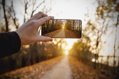 Cep telefonu kullanıyor. Bir sonbahar sokağının fotoğrafını çeker.