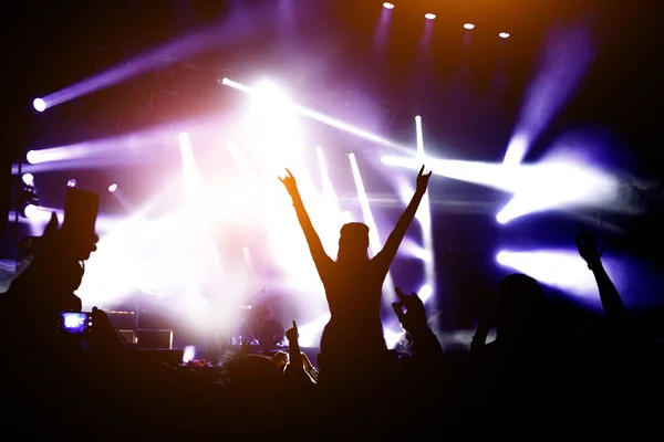 Silhueta Menina Com Mãos Levantadas Goza Concerto Show Música — Fotografia de Stock