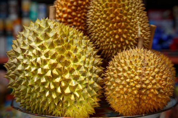 Rei Dos Frutos Durian Grupo Durianos Frescos Mercado Asiático — Fotografia de Stock