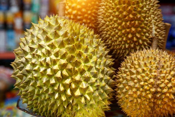 Rei Dos Frutos Durian Grupo Durianos Frescos Mercado Asiático — Fotografia de Stock