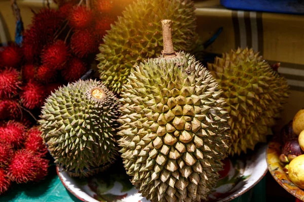 Král Ovoce Duriane Skupina Čerstvých Durianů Asijském Trhu — Stock fotografie