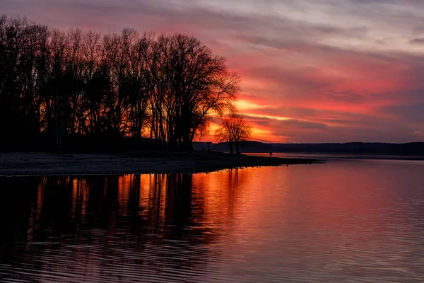 Puesta Sol Lago Siluetas Negras Árboles Orilla — Foto de Stock