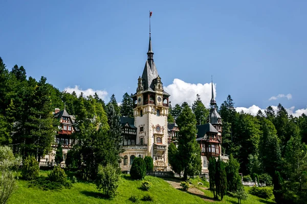 Château Peles Roumanie Europe Ciel Bleu Herbe Verte Heure Été — Photo