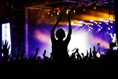 Halka açık bir etkinlikte insanlar. Eller havada siyah siluetler.