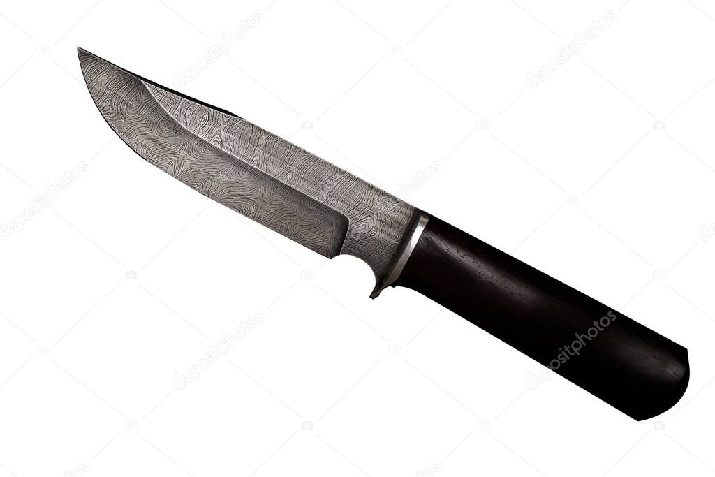 Knife made of Damascus steel with a wooden handle on a isolated white background