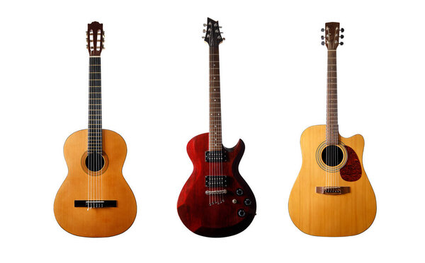 Collection of three guitars on a white isolated background