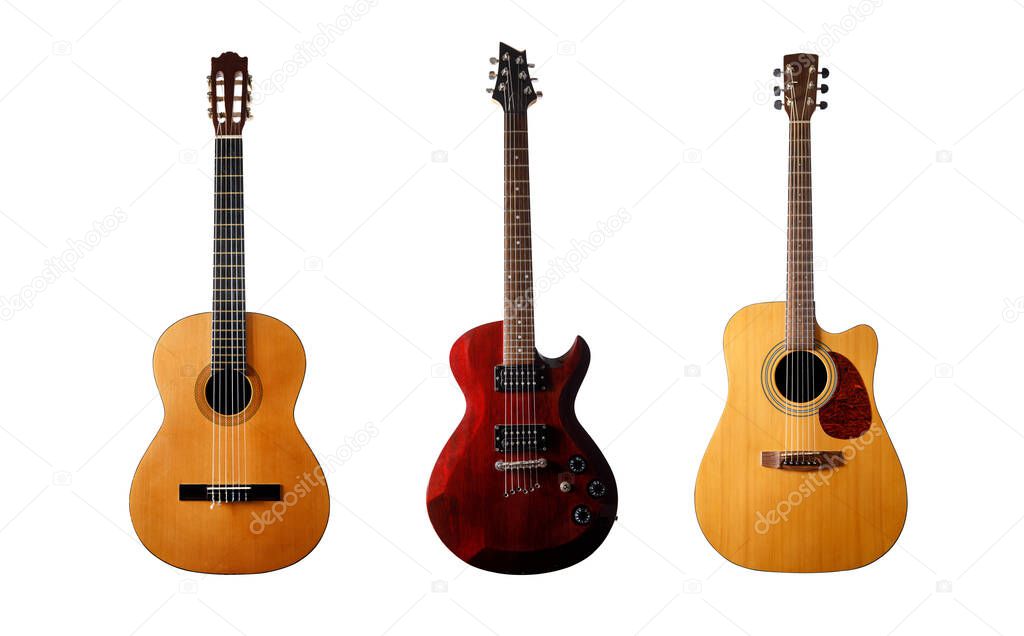 Collection of three guitars on a white isolated background