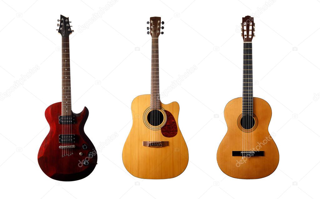 Set of guitars on a white isolated background