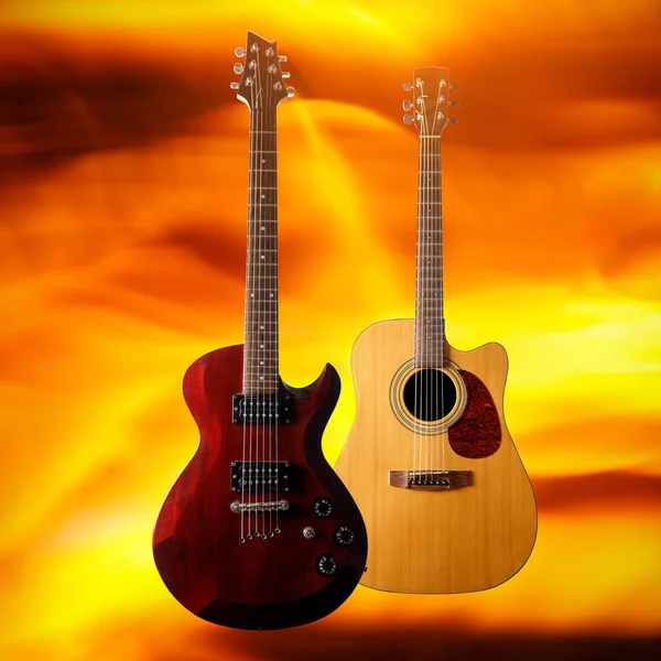 Set Different Guitars Fire Flame Background — Stock Photo, Image