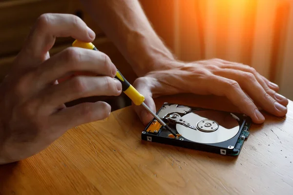 Data Hard Drive Backup Repair Hdd Disk Wooden Table — Stock Photo, Image