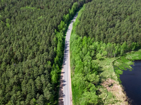 The asphalt forest road. Aerial view