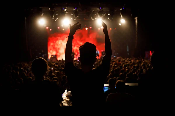 Folk Ett Offentligt Evenemang Man Med Upphöjda Händer Konsert — Stockfoto