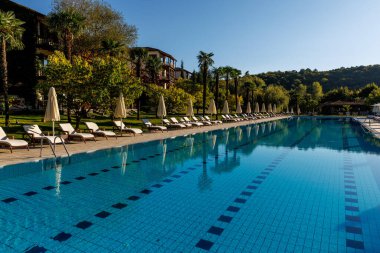 Temiz mavi suyu, düzenli şezlongları ve şemsiyeleri olan uzun bir yüzme havuzu. Huzurlu otel manzarası tatil, seyahat ve eğlence temaları için ideal.