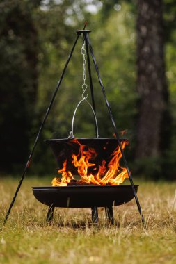 Alevler ve yeşil orman arka planıyla otlak arazisindeki açık kamp ateşinde tripodun üzerinde asılı duran metal tencere..