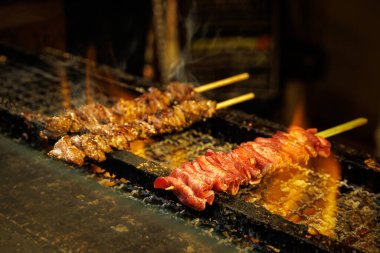 Çiğ ve pişmiş et şişleri kızgın ızgarada cızırdar yükselen dumanlar ve görünen alevlerle zengin renk ve dokuları renklendirir..