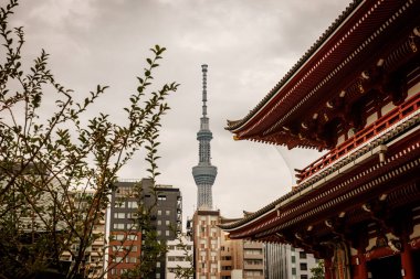 Modern iletişim kulesi, tarihi bir Japon binasının süslü saçaklarıyla çerçevelenmiş olan uzaktan yükselir. Görüntü, antik ve modern mimarinin zıttı..