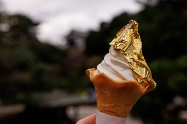Yenebilir altın folyoya sarılı beyaz servis dondurması tutan bir waffle külahı. Arka planda yumuşak bir açık hava bokeh 'i var.