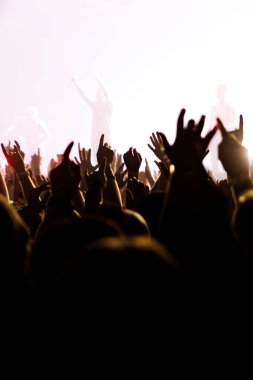 Kalabalık bir dinleyici kitlesi, çok sayıda kaldırılmış eller ve 