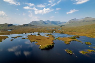 Uçsuz bucaksız İskoç dağlık arazisi üzerine çarpıcı drone perspektifi. Üzerinde küçük adalarla benekli koyu mavi bir göl var. Engebeli dağlar ve geniş bozkırlar ufka kadar uzanıyor..