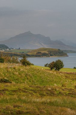 Bereketli çayırların ve sisli dağ tepelerinin olduğu manzaralı kıyı manzarası.
