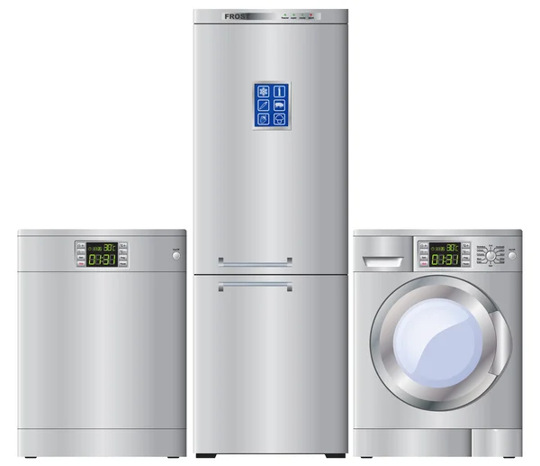 Σετ οικιακών συσκευών. Ψυγείο, πλυντήριο πιάτων, πλυντήριο ρούχων. — Διανυσματικό Αρχείο