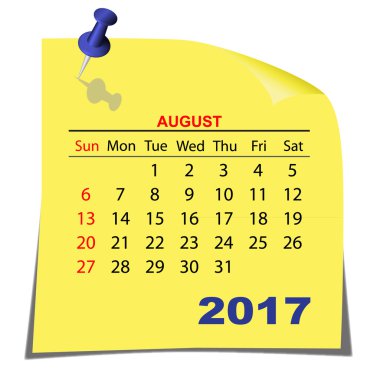 Kağıt takvim Ağustos 2017 yıl unutmayın. Sarı kağıt levha. Vektör.