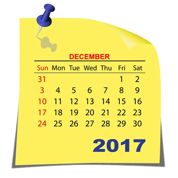 Kağıt takvim Aralık 2017 yıl unutmayın. Sarı kağıt levha. Vektör.