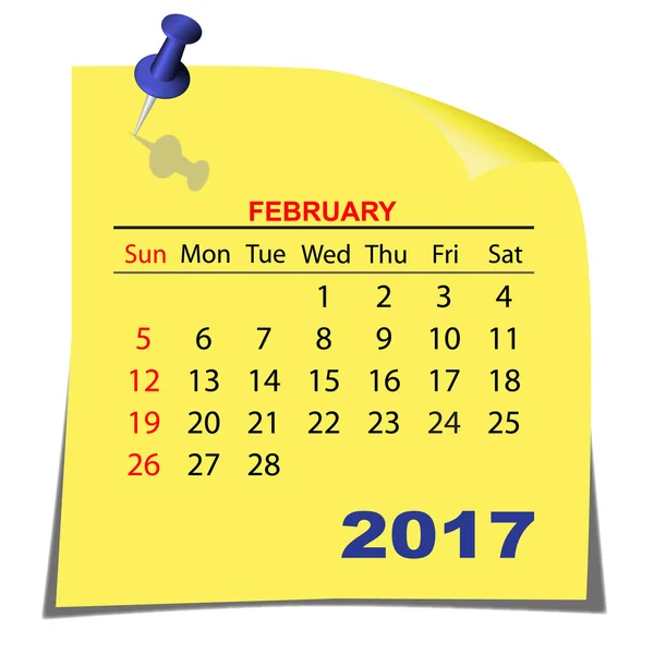 Nota Calendario de papel Febrero 2017. Hoja de papel amarillo. Vector . — Vector de stock