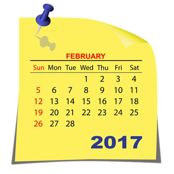 Nota Calendario de papel Febrero 2017. Hoja de papel amarillo. Vector . — Archivo Imágenes Vectoriales
