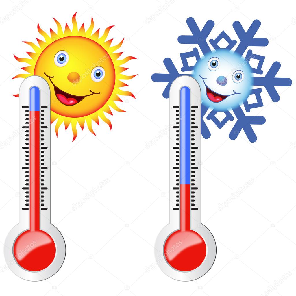 Two thermometers, sun and snowflake.