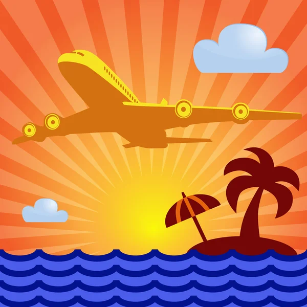 Isla, palma, amanecer y avión . — Vector de stock