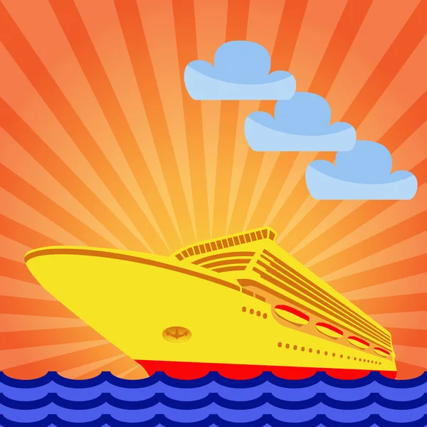 Cruiseschip op de achtergrond van de rijzende zon. — Stockvector
