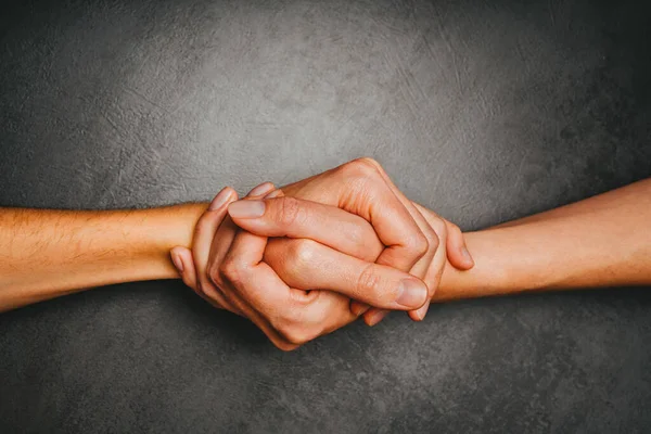 Handshake People Dark Background Top View Sign Greeting Respect — Stock Photo, Image