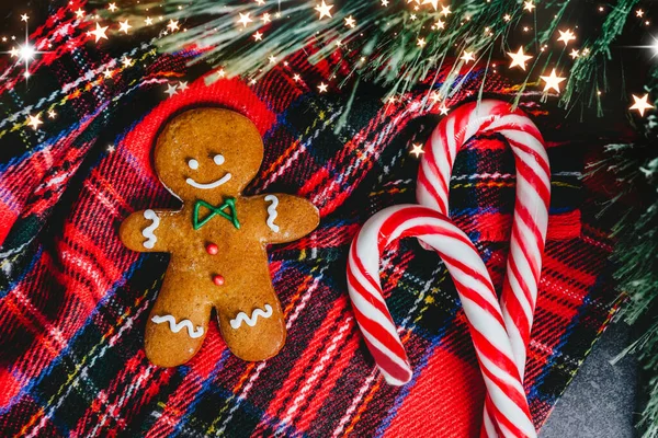 Gingerbread man wrapped in a red checkered plaid. Christmas gingerbread on a bright background. holiday card