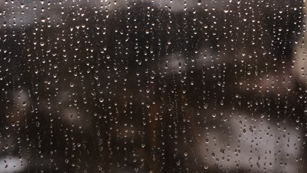 Капли Дождя Стекают Окну Крупным Планом Погода Осенью Ливень Улице — стоковое видео