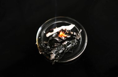 Siyah arka planda cam bir kül tablasında yanmış kağıt. Koyu arkaplan üzerinde kül modeliName