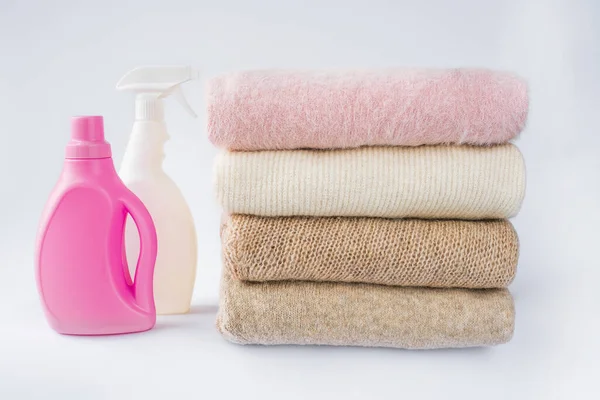 Woolen Clothes Light Shades Folded White Background Washing Gel Rinses — Stock Photo, Image