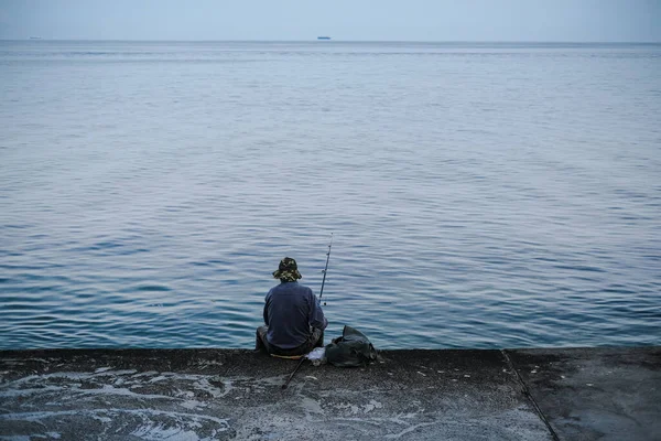 Man Seashore Fishing Fisherman Resting River Dawn — Stock Photo, Image