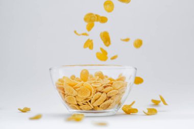 Beyaz arka planda bir tabakta mısır gevreği. Kuru ve çabuk kahvaltı. Amerikan yemekleri.