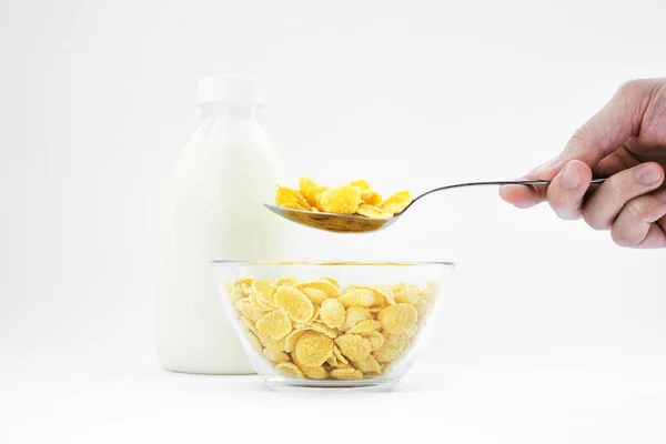 Cornflakes Dengan Susu Piring Pada Latar Belakang Putih Sarapan Cepat — Stok Foto