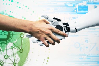 Bir adam robotla el sıkışıyor. Bir robot yaratmak için mühendis. Gelecekteki robotik kavramı
