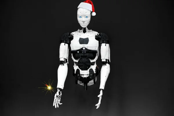 Робот Черном Фоне Шляпе Санта Клауса Искре Робот Празднует Рождество — стоковое фото