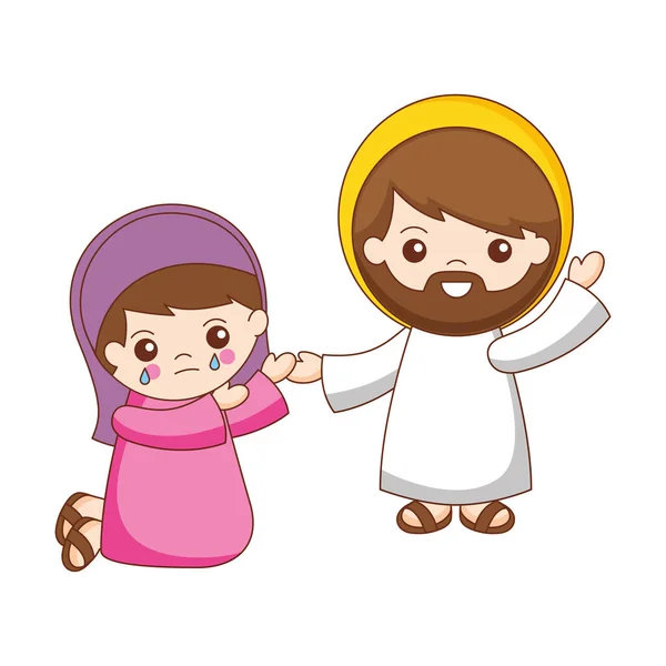 Jesus Rettet Und Vergibt Maria Magdalena Karikatur Vektorillustration — Stockvektor