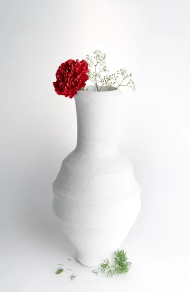 White pottery vase and red flower on white background — Stock Photo, Image