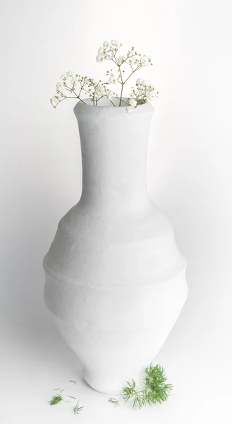 Белая ваза керамики и маленькие белые цветы на белом фоне — стоковое фото