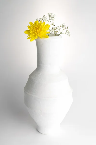 Белая ваза керамики и желтый цветок на белом фоне — стоковое фото
